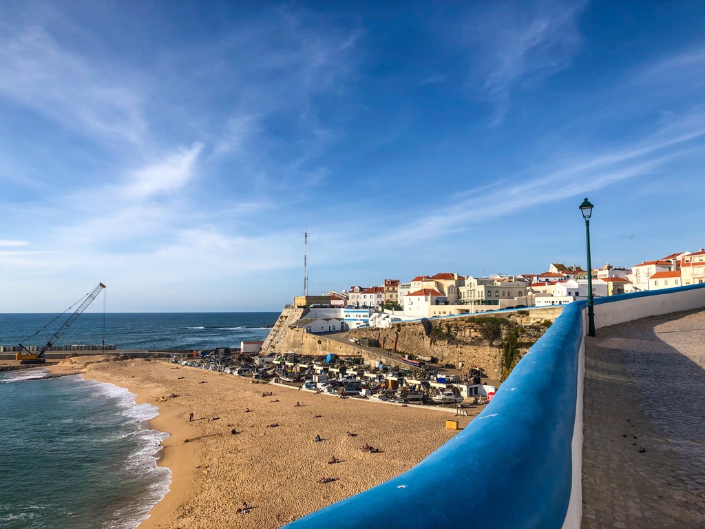 A sunny day in Ericeira, the view from the town looking down at Praia dos Pescadores.